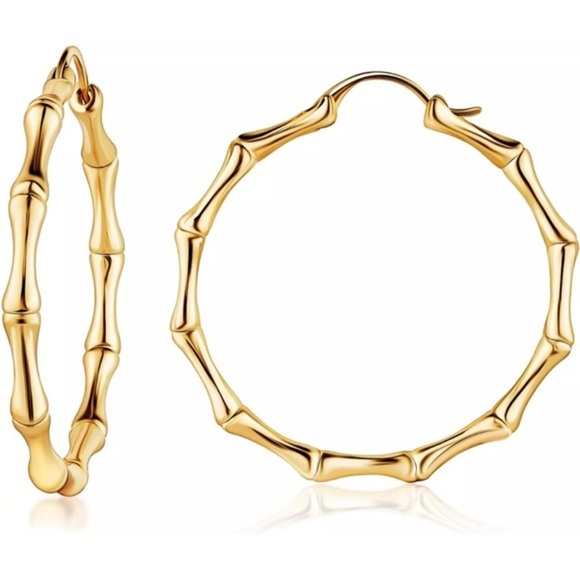 Womens Gold Bamboo Hoop Earrings 18K Gold‎ Plated - Picture 2 of 8